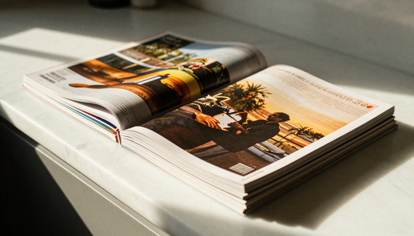 A stack of glossy printed magazines and catalogs on a white marble counter with diagonal window light A stack of glossy printed magazines and catalogs on a white marble counter with diagonal window light