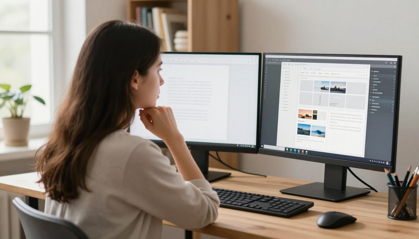 A woman at a Scandinavian home office with dual monitors showing a digital publication interface with page thumbnails A woman at a Scandinavian home office with dual monitors showing a digital publication interface with page thumbnails