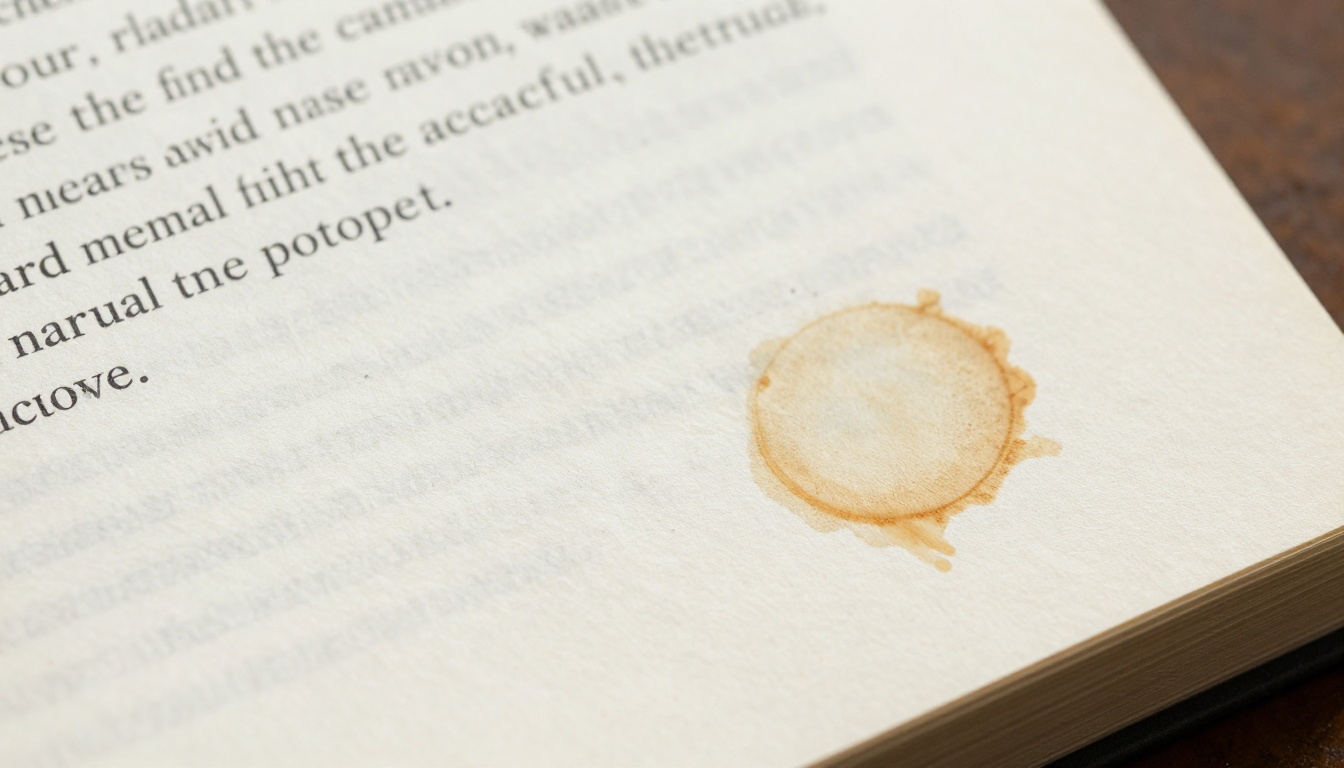 Close-up of a well-read editorial page with fine typography and a faint coffee ring stain at the corner Close-up of a well-read editorial page with fine typography and a faint coffee ring stain at the corner