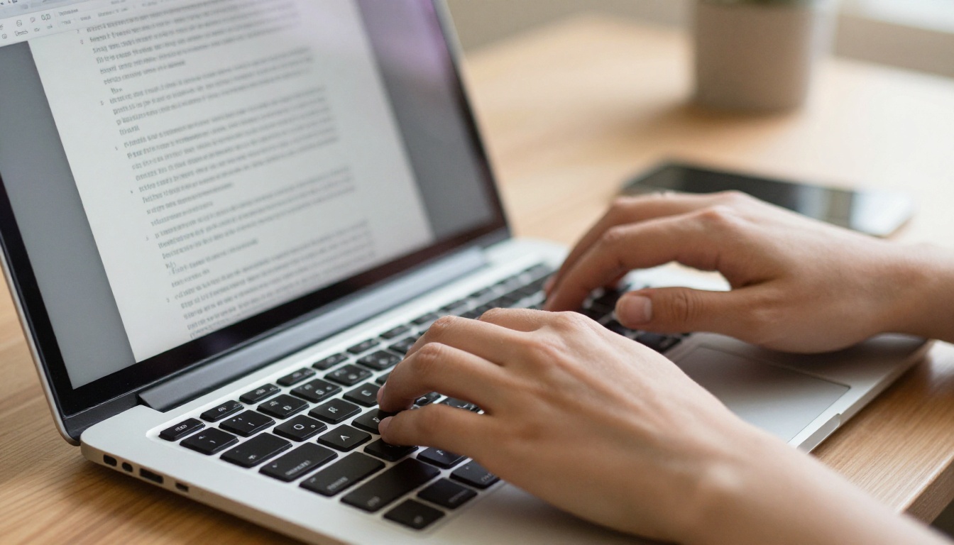 Close-up of hands typing on a laptop with PDF document and digital flipbook preview visible on screen