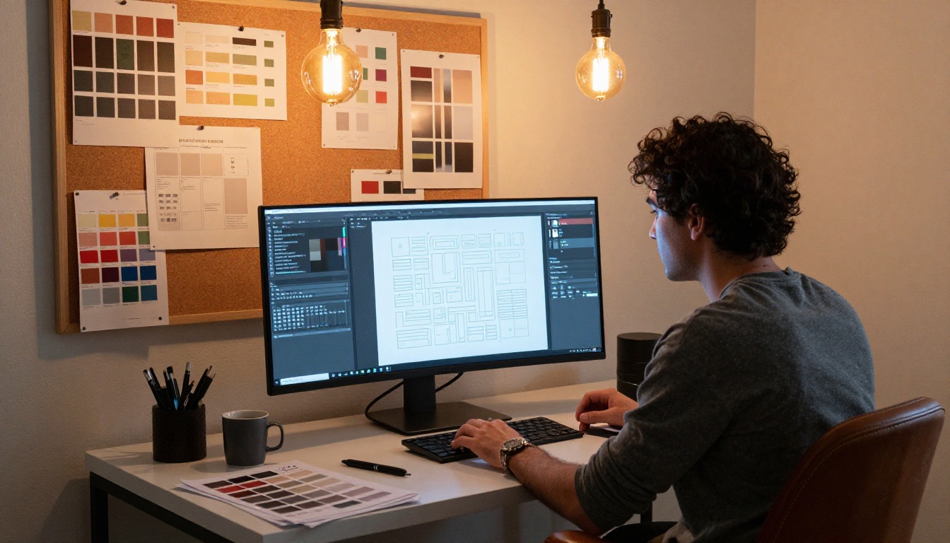 Freelance graphic designer working at large curved ultrawide monitor in creative studio with design mockups and color swatches pinned to a cork board