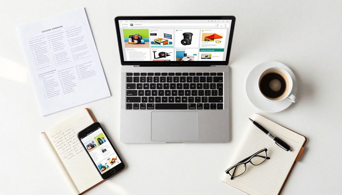 Aerial flat-lay of a clean business desk with laptop showing colorful digital flipbook, a smartphone displaying mobile version, coffee, pen and leather notebook with handwritten notes