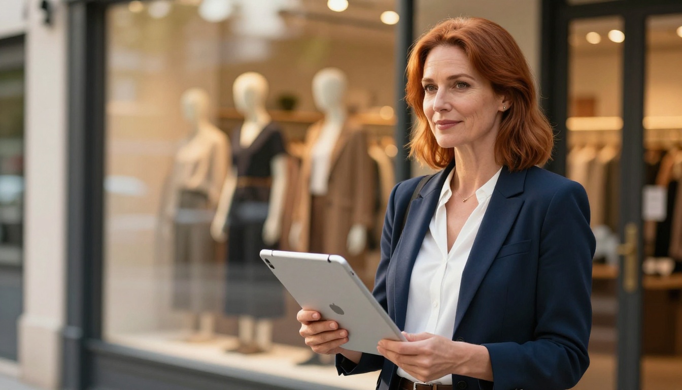 Confident small business owner with auburn hair standing outside boutique clothing store holding iPad with digital product catalog flipbook