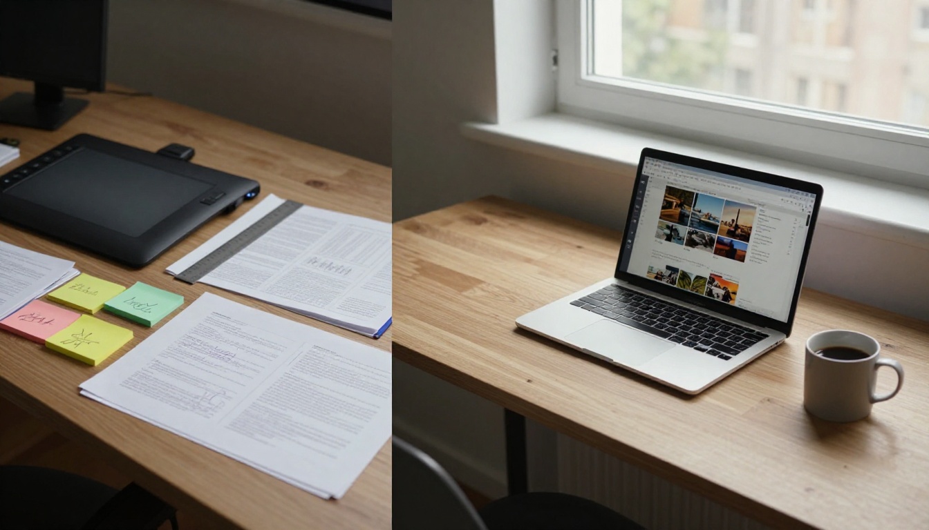 Split documentary photograph showing a cluttered graphic designer workspace on the left and a clean minimal laptop-only workspace on the right, both on the same wooden table