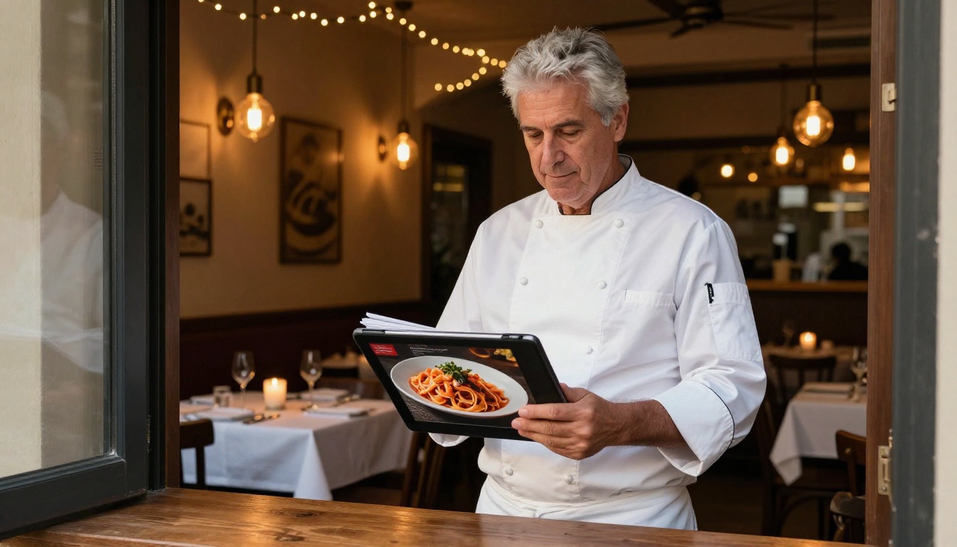Restaurant owner in white chef's jacket standing at the entrance of a warm upscale restaurant holding iPad displaying a beautifully photographed digital menu flipbook