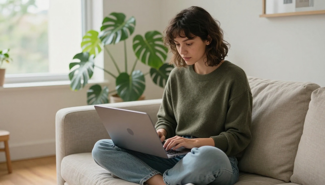 Young professional woman sitting cross-legged on minimalist linen couch using a laptop to browse through a digital portfolio flipbook in a bright airy apartment