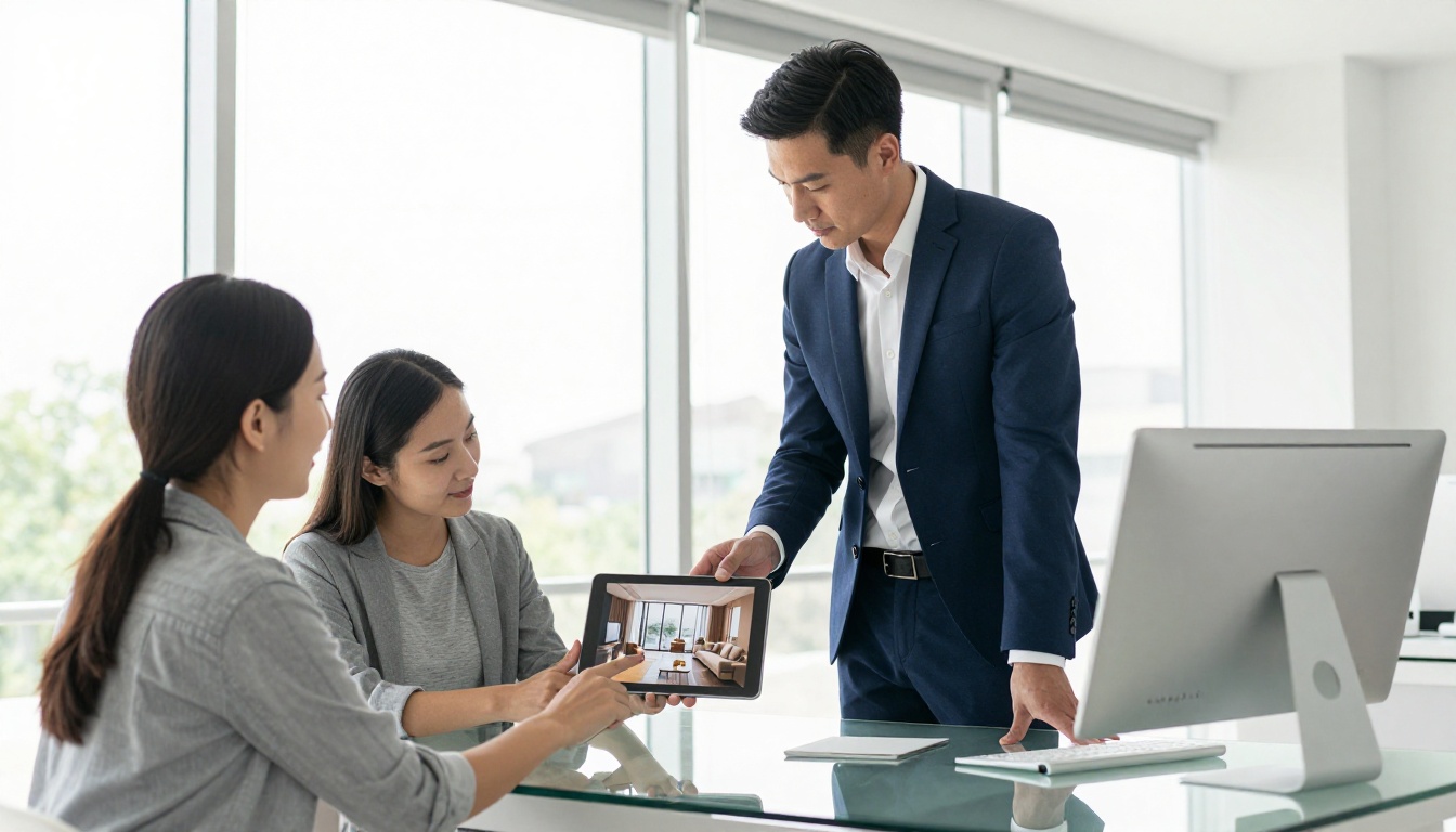 Real estate agent in navy suit showing property brochure flipbook on tablet to a young couple in a bright modern real estate office
