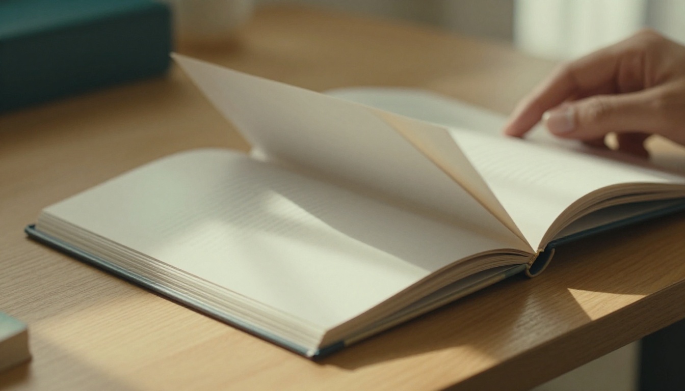 Close-up of elegant hands fanning through glossy flipbook pages on a light oak table