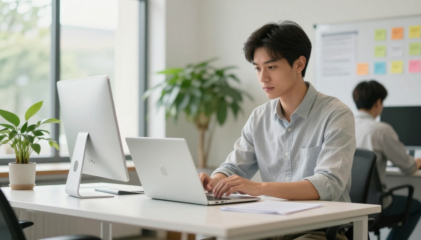 Young professional uploading a document on a laptop in a bright modern open-plan office