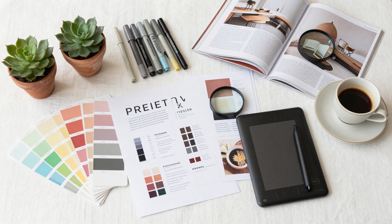 Aerial flat-lay of a graphic designer's organized workspace with Pantone color swatches, layout mockups, and a Wacom tablet