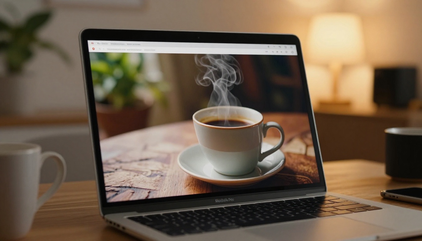 MacBook Pro screen displaying a digital flipbook with a page-turn animation mid-flip in a cozy home office setting