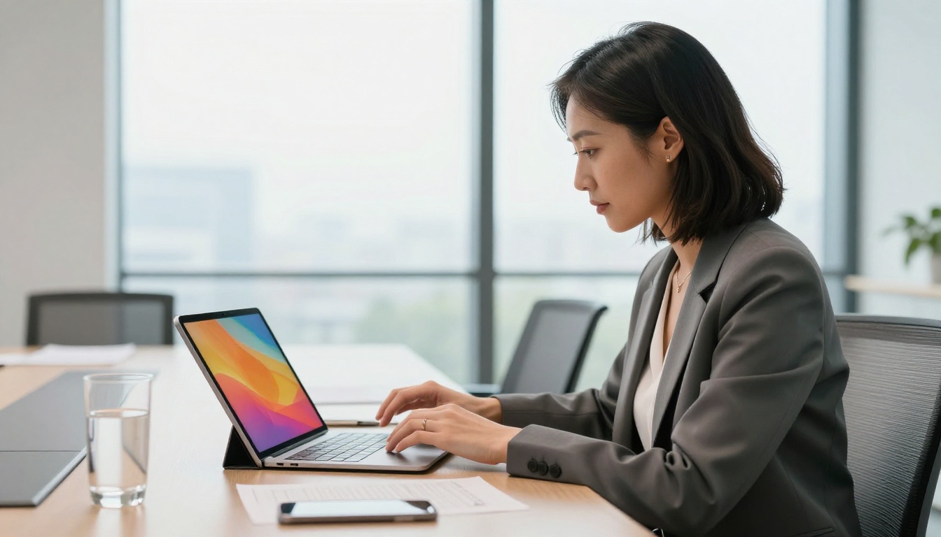 Business professional woman reviewing a vibrant digital catalog on an iPad in a bright modern conference room Business professional woman reviewing a vibrant digital catalog on an iPad in a bright modern conference room
