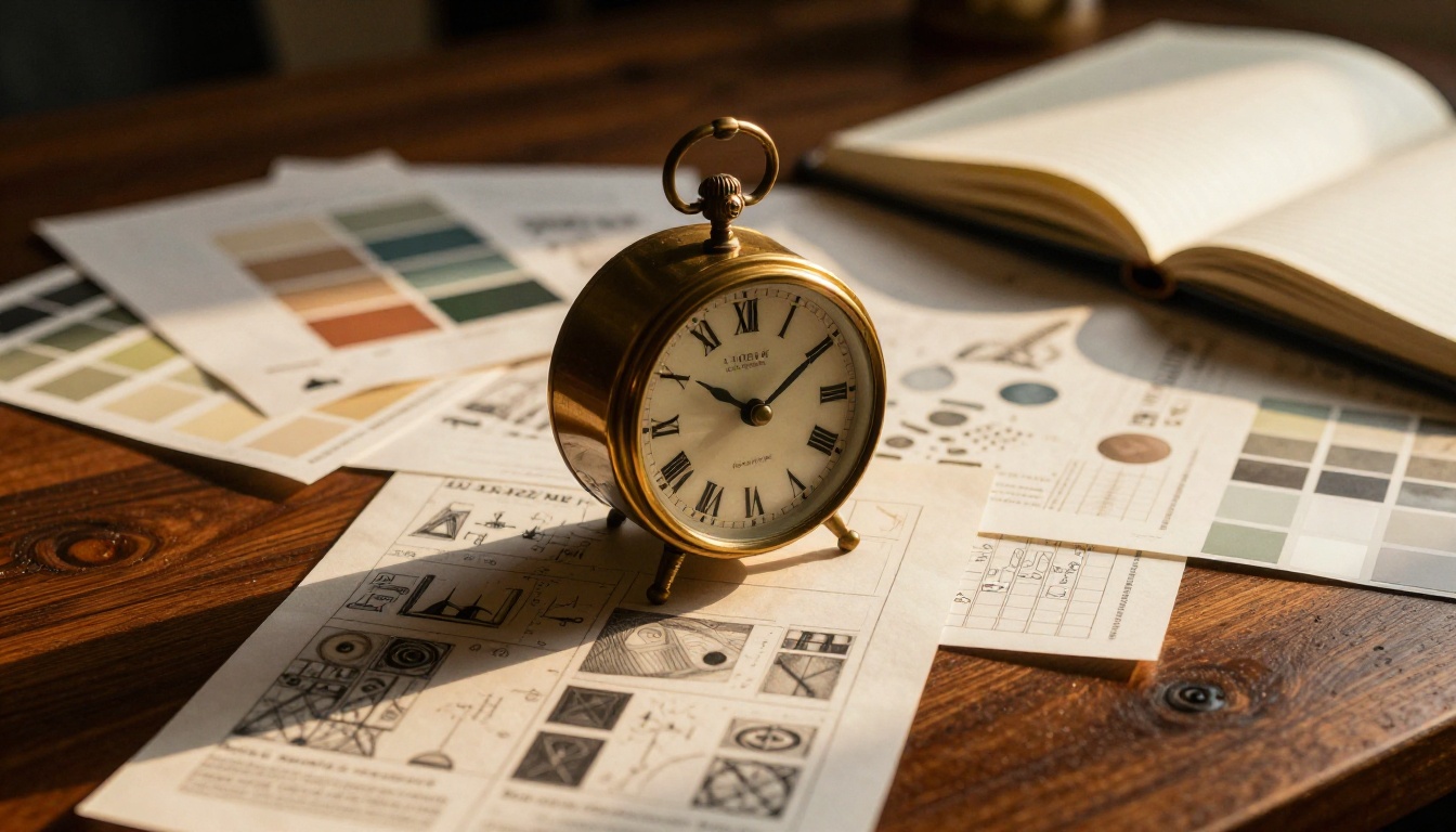 Vintage brass clock resting among scattered design layout sheets and color swatches on a dark walnut desk