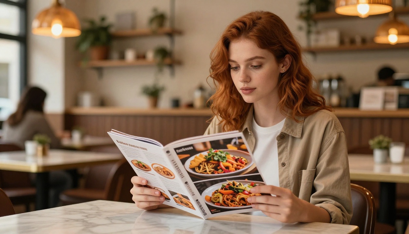 Stylish woman with auburn hair browsing a glossy restaurant menu flipbook at a warm café table with pendant lighting Stylish woman with auburn hair browsing a glossy restaurant menu flipbook at a warm café table with pendant lighting