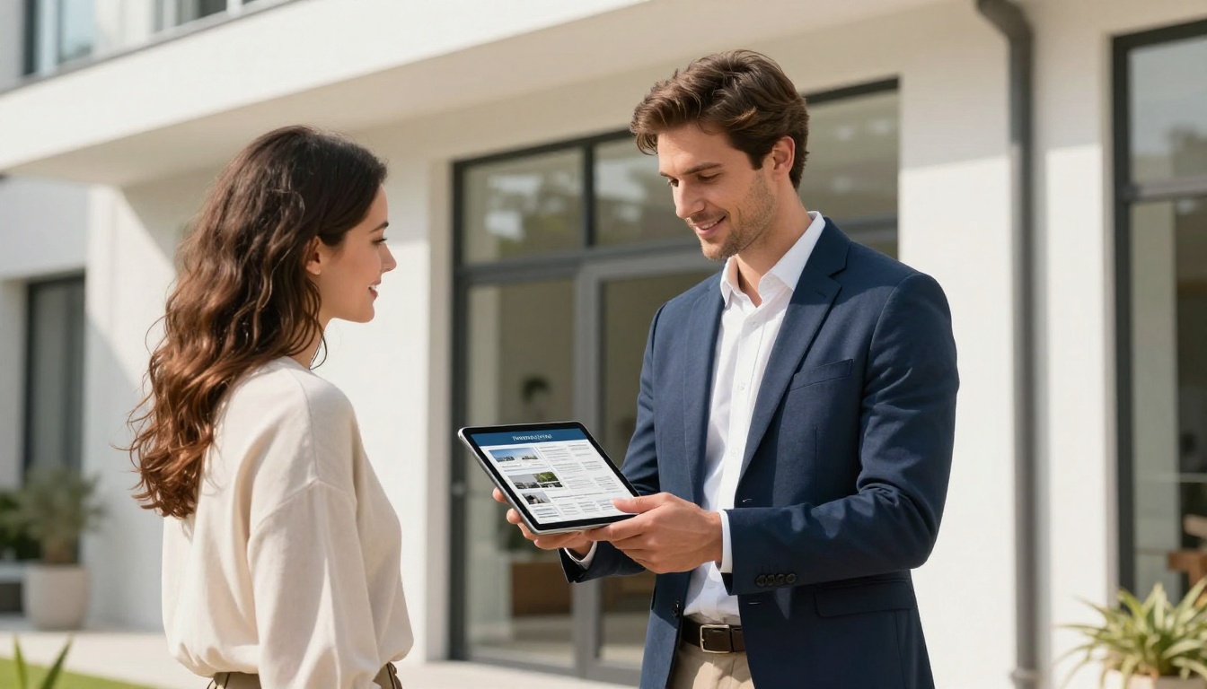 Confident real estate agent in a navy blazer showing a property brochure flipbook on a tablet to a couple outside a modern apartment Confident real estate agent in a navy blazer showing a property brochure flipbook on a tablet to a couple outside a modern apartment