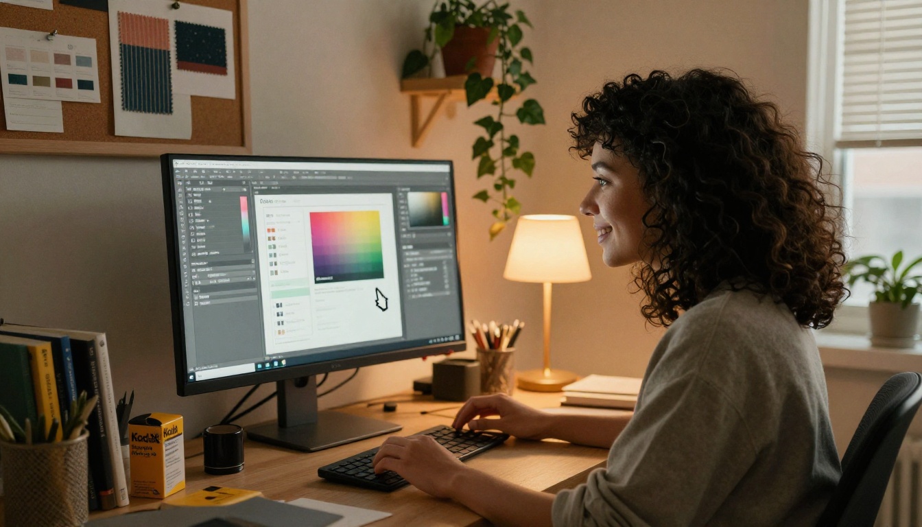 Creative woman with curly dark hair at a wide curved monitor selecting brand colors in a web-based flipbook design interface Creative woman with curly dark hair at a wide curved monitor selecting brand colors in a web-based flipbook design interface