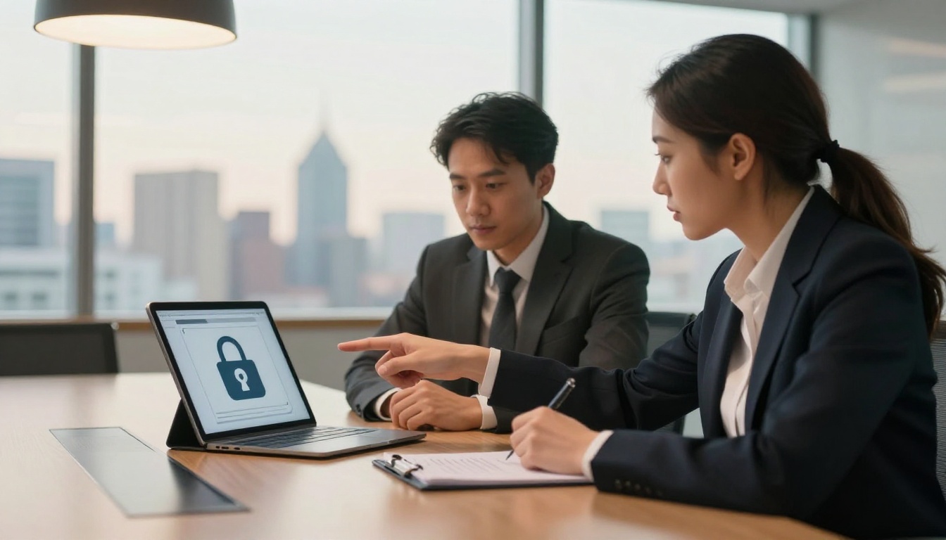 Two business professionals reviewing a locked document on a tablet in a glass-walled conference room Two business professionals reviewing a locked document on a tablet in a glass-walled conference room