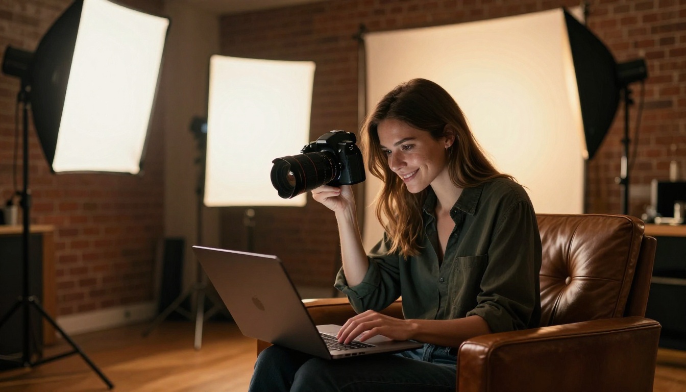 A photographer reviewing her private portfolio flipbook on a laptop in a warmly lit photography studio A photographer reviewing her private portfolio flipbook on a laptop in a warmly lit photography studio