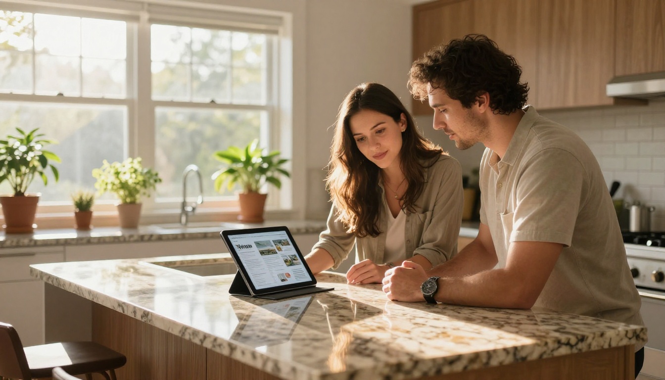 A real estate agent showing a private digital property brochure on a tablet to interested clients in a modern kitchen A real estate agent showing a private digital property brochure on a tablet to interested clients in a modern kitchen