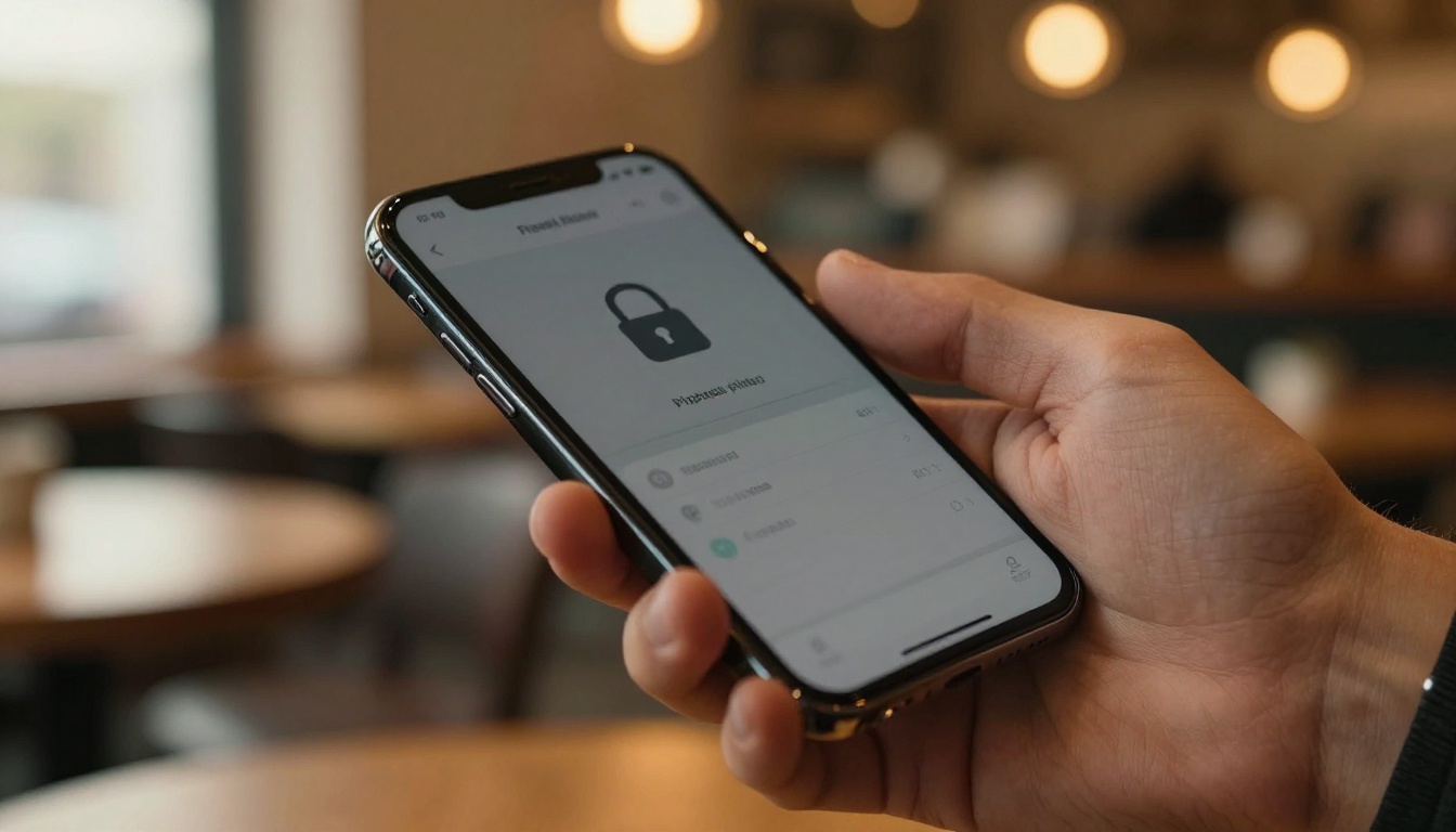 Close-up of a hand holding a smartphone showing a flipbook privacy settings screen with a padlock icon Close-up of a hand holding a smartphone showing a flipbook privacy settings screen with a padlock icon