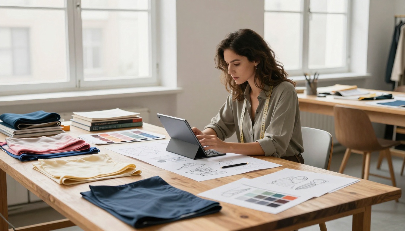 A fashion designer scrolling through a private digital lookbook on a tablet at her wooden drafting table A fashion designer scrolling through a private digital lookbook on a tablet at her wooden drafting table
