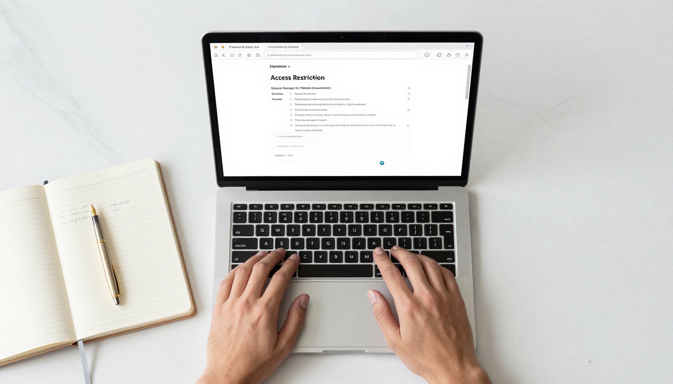 Overhead flat-lay of a laptop and notebook on a marble desk with access restriction settings visible on screen Overhead flat-lay of a laptop and notebook on a marble desk with access restriction settings visible on screen