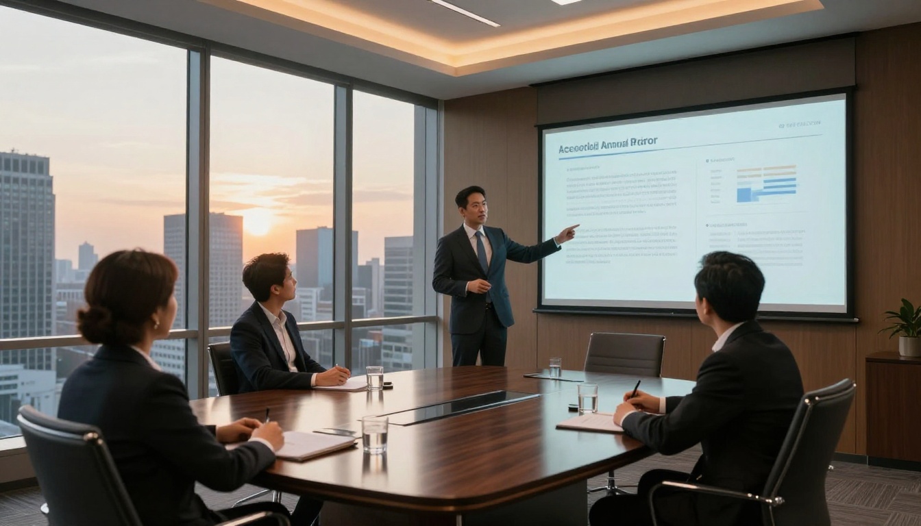 A corporate executive presenting a secured digital annual report to colleagues in a glass-walled boardroom A corporate executive presenting a secured digital annual report to colleagues in a glass-walled boardroom