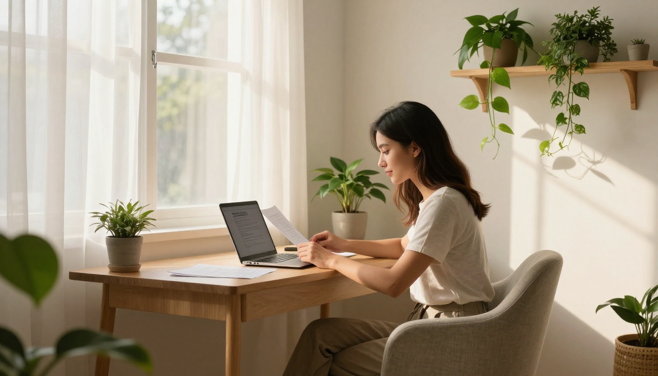 A young female entrepreneur reviewing private client documents on a laptop in a bright plant-filled home office A young female entrepreneur reviewing private client documents on a laptop in a bright plant-filled home office