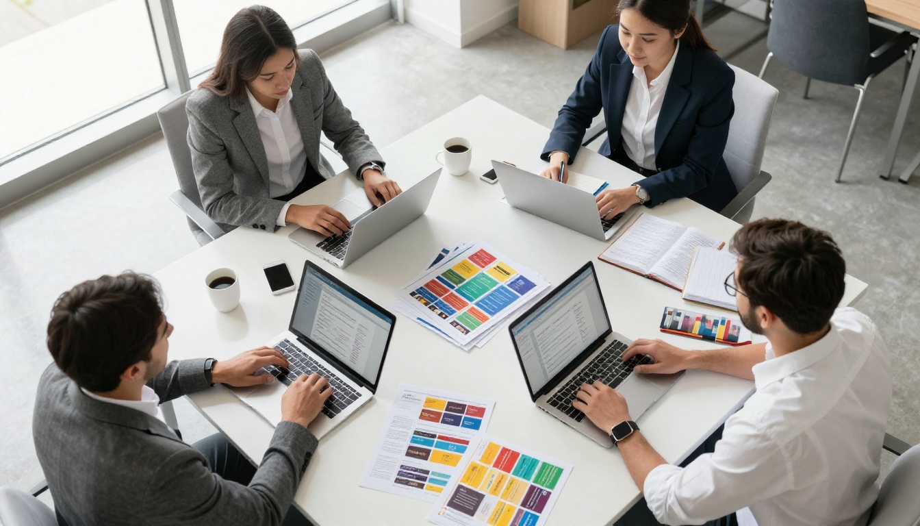 Marketing team in aerial view gathered around a conference table with laptops and printed catalogs