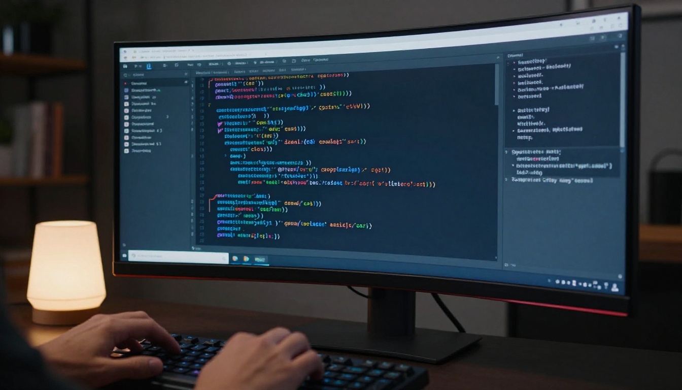 Developer reviewing HTML email template code with table-based layout structure on a monitor