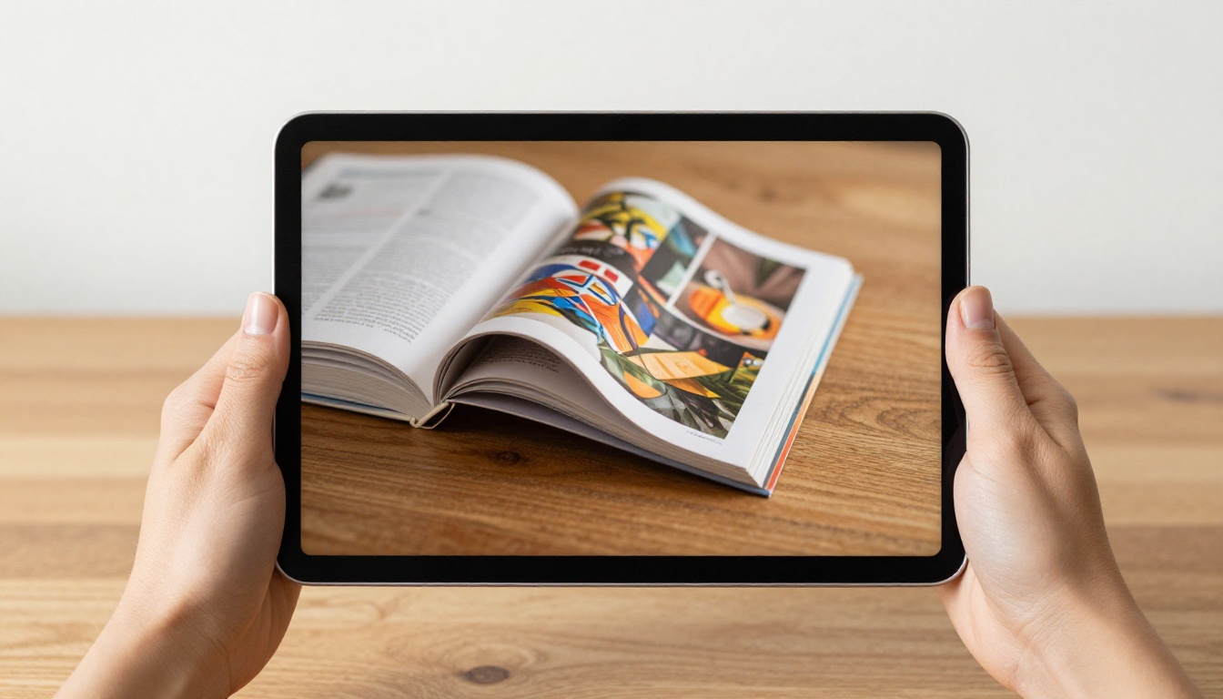Hands holding a tablet horizontally with a digital flipbook open, pages mid-turn showing vibrant product photography