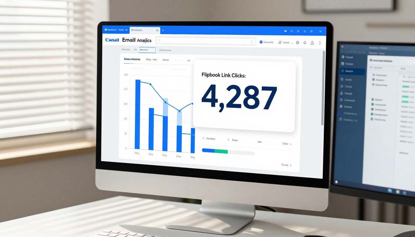 Analytics dashboard on desktop monitor showing email campaign click-through rates and flipbook performance metrics