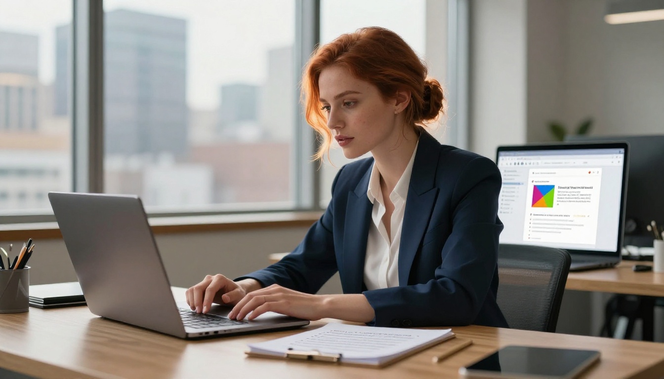 Woman composing an email newsletter on a MacBook in a modern office with a city skyline behind her