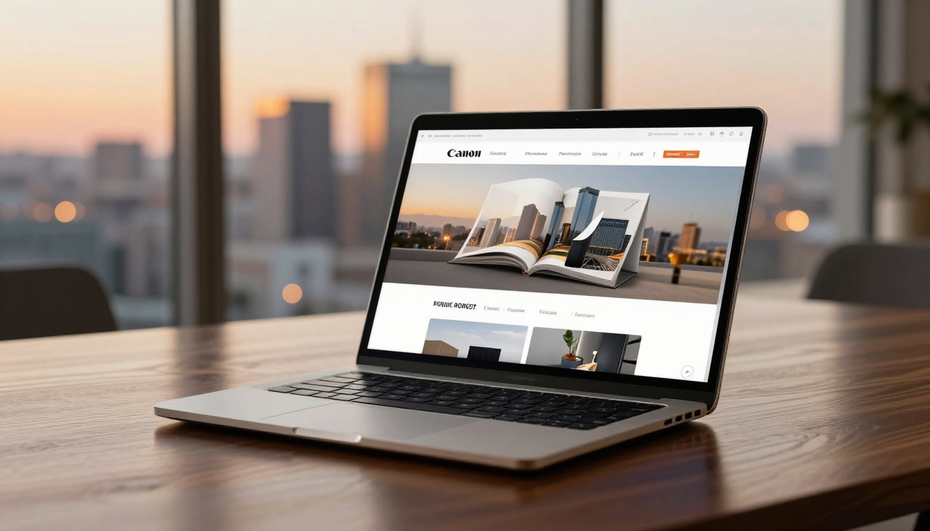 Premium laptop on a dark walnut conference table displaying a product catalog flipbook with golden hour city skyline bokeh in the background