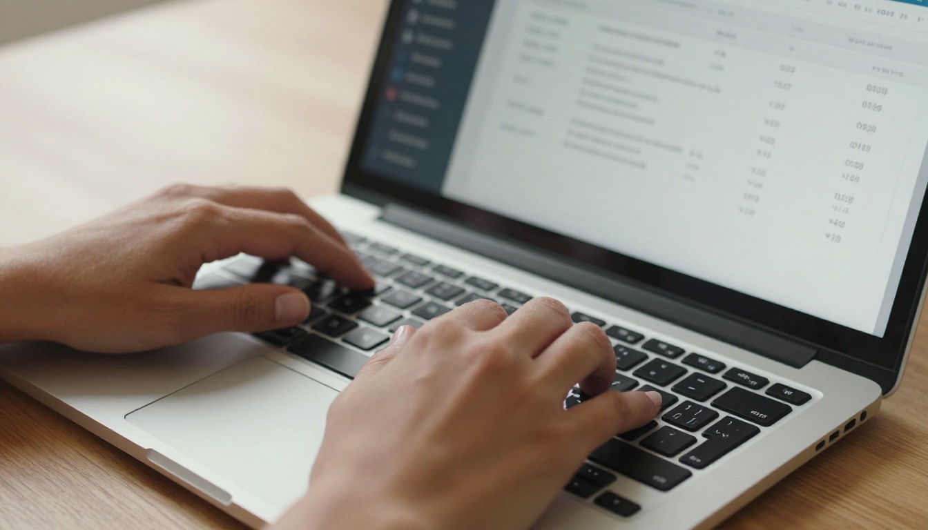 Close-up of a woman's hands typing on a laptop showing a digital flipbook checkout interface, warm natural light