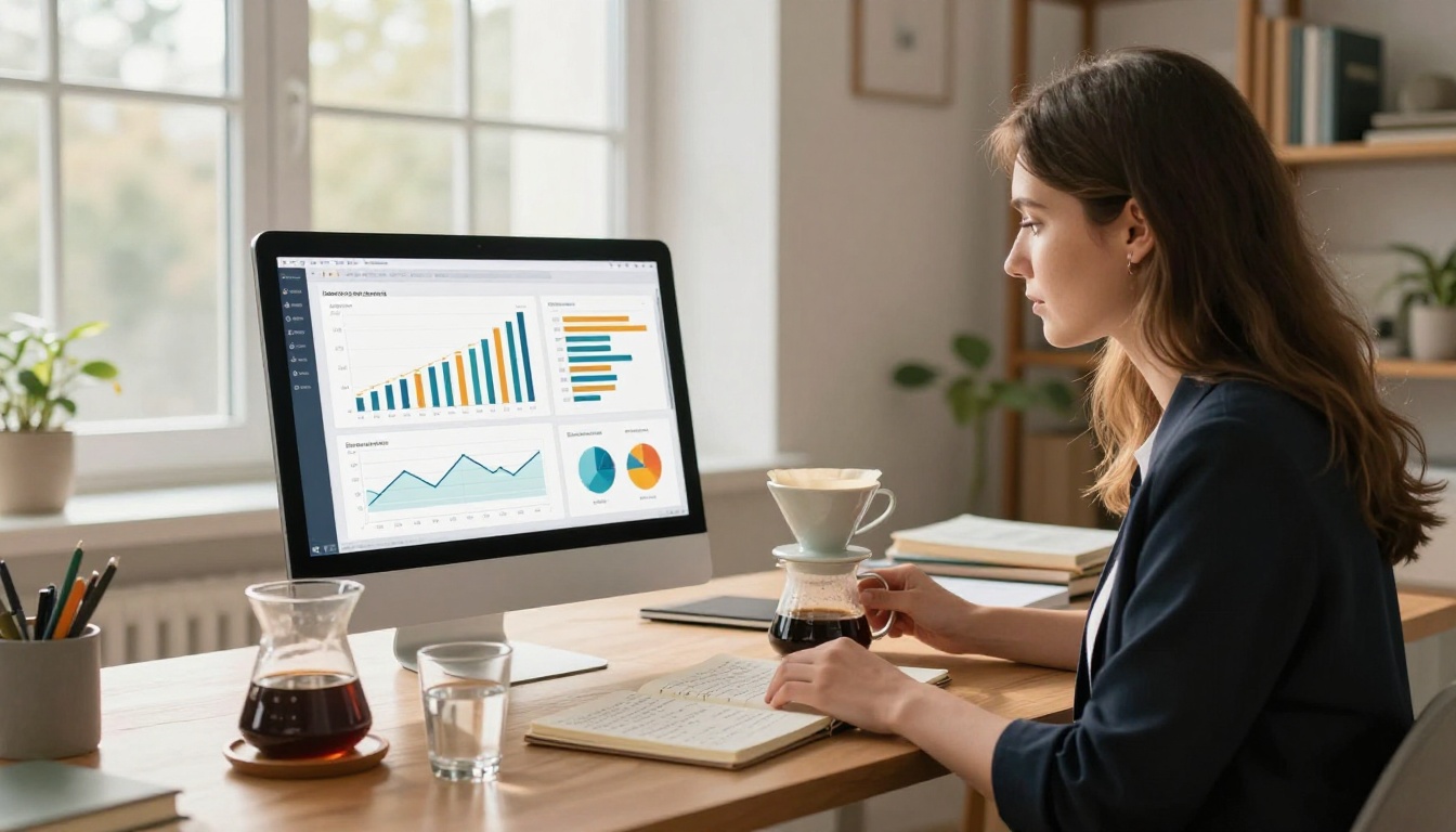 A woman reviewing revenue analytics on a laptop in a bright home office