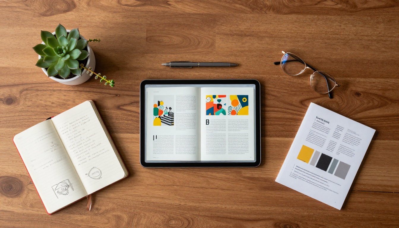 Aerial flat lay of a desk with a tablet showing a digital flipbook, open notebook, reading glasses, and a trailing succulent plant