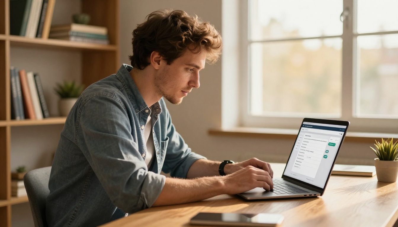 A man leaning forward at a clean modern home office desk, setting up payment options on his laptop