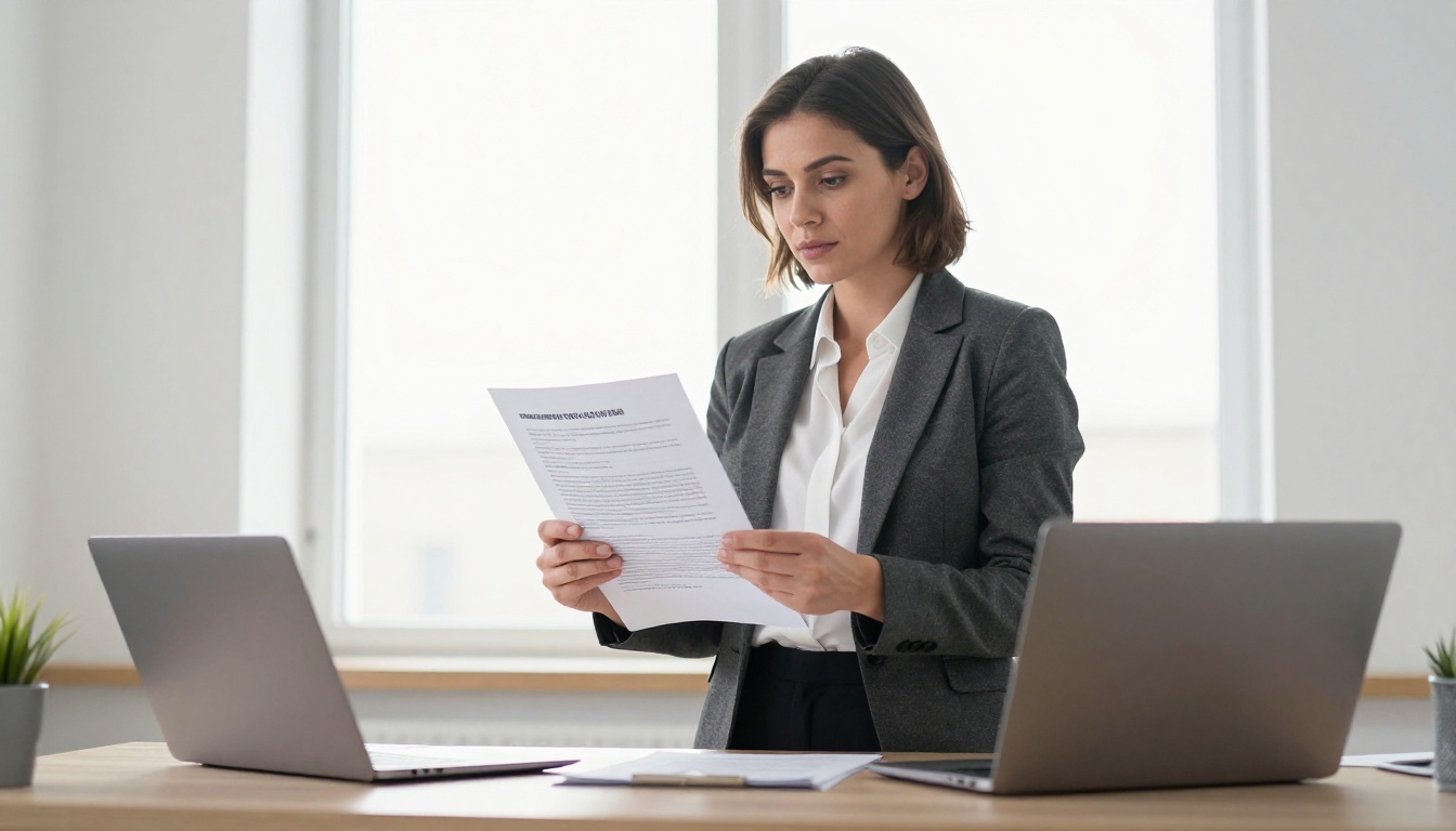 A confident professional woman standing at a tall desk comparing a printed document and a laptop displaying the digital flipbook version, low-angle shot in a bright office A confident professional woman standing at a tall desk comparing a printed document and a laptop displaying the digital flipbook version, low-angle shot in a bright office