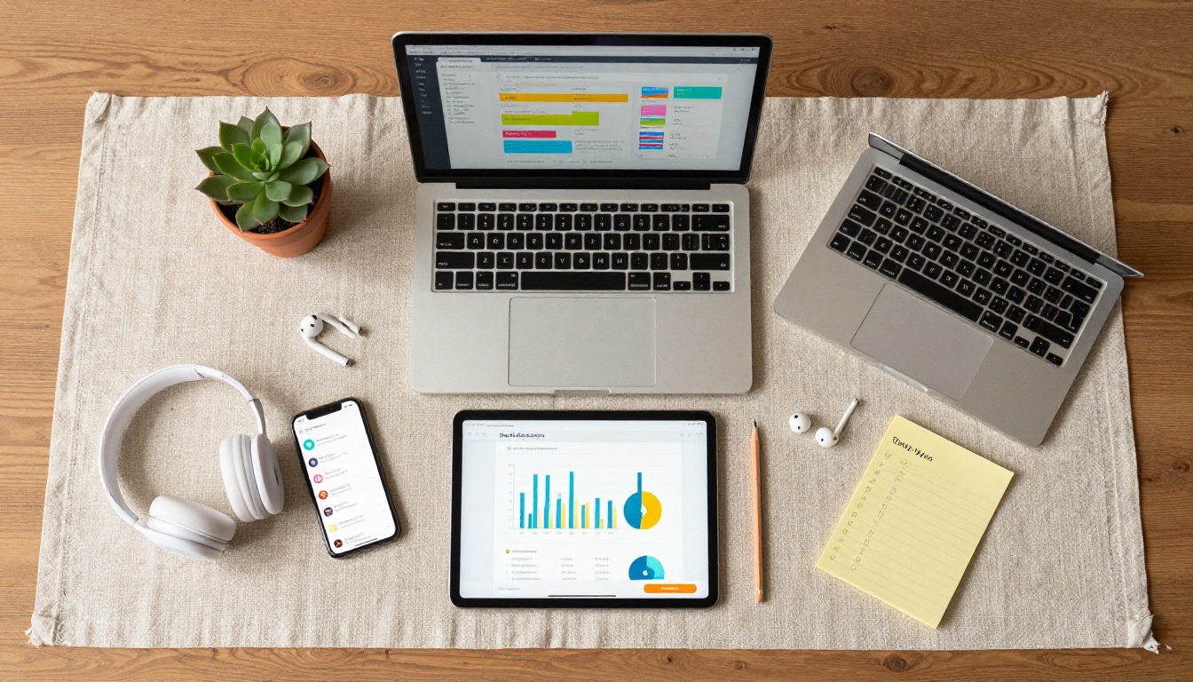 Aerial overhead view of a creative entrepreneur's desk with laptop, tablet, and smartphone showing publishing analytics dashboards Aerial overhead view of a creative entrepreneur's desk with laptop, tablet, and smartphone showing publishing analytics dashboards