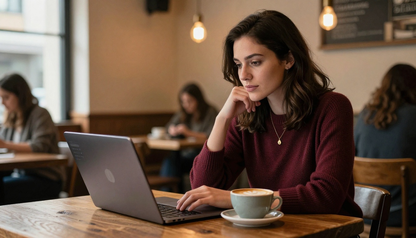 A professional woman working on her laptop at a warm rustic cafe table with a cappuccino beside her, soft editorial photography A professional woman working on her laptop at a warm rustic cafe table with a cappuccino beside her, soft editorial photography