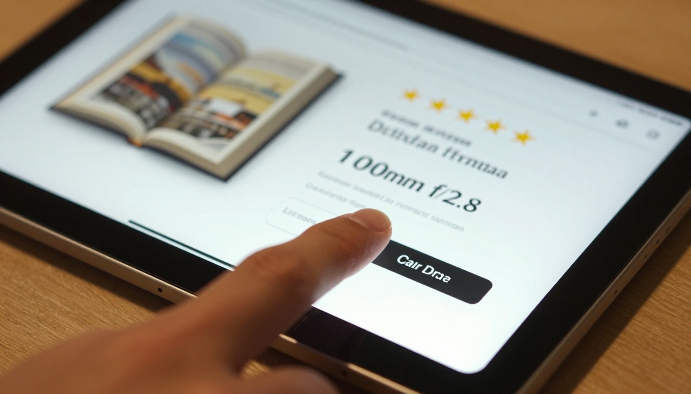 A close-up of a tablet screen showing a digital publication storefront with a purchase button, a fingertip hovering just above to tap it A close-up of a tablet screen showing a digital publication storefront with a purchase button, a fingertip hovering just above to tap it