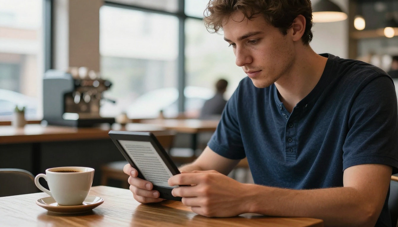 Man reading an e-reader in a coffee shop, warm amber lighting, photorealistic