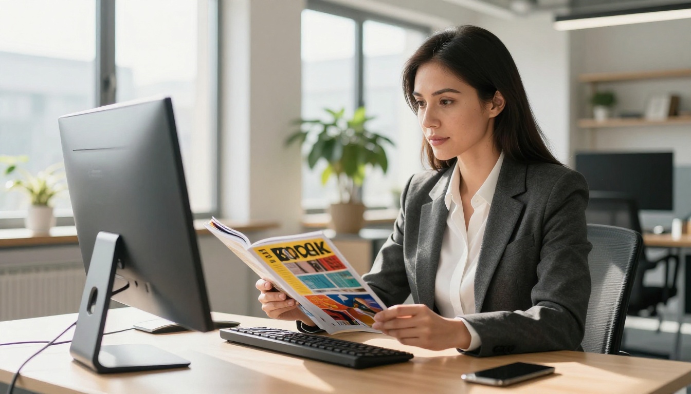 Business woman reviewing a digital flipbook on a large office monitor, natural daylight