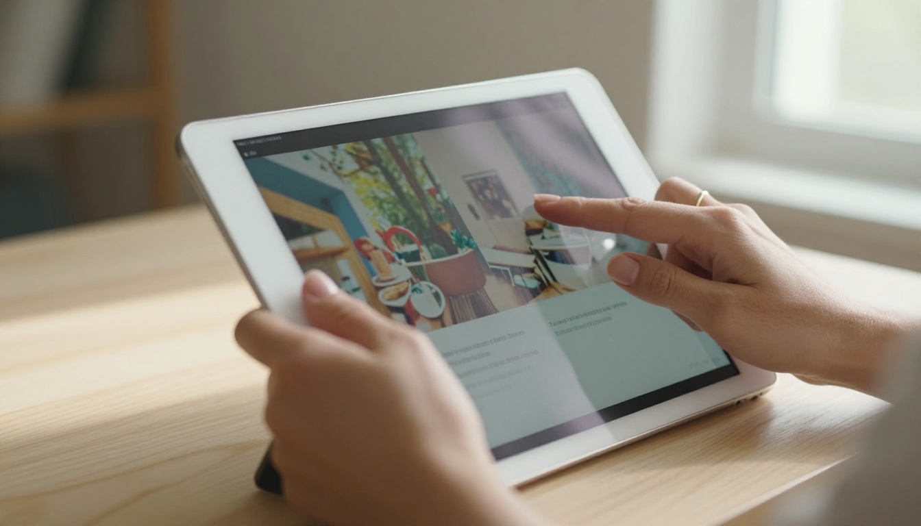 Close-up of hands holding a tablet with a page-curl animation mid-flip on a colorful publication