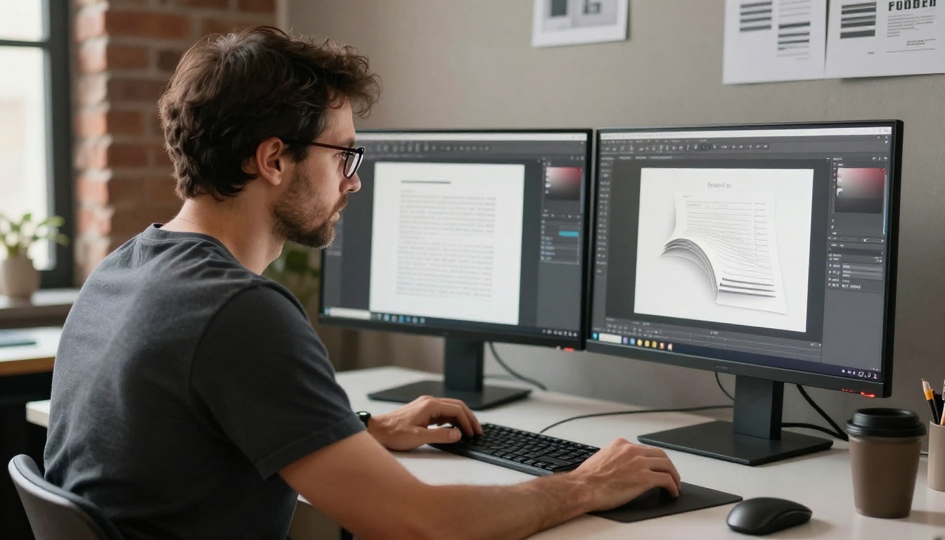 Male graphic designer at dual monitors converting PDF to a flipbook, studio setting with natural skylight Male graphic designer at dual monitors converting PDF to a flipbook, studio setting with natural skylight