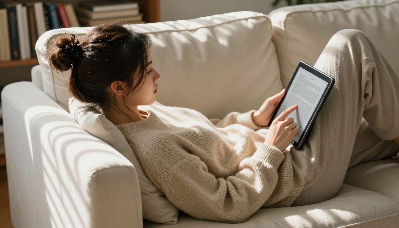 Young woman reading an ebook on a tablet while lying on a cream sofa, venetian blind light stripes