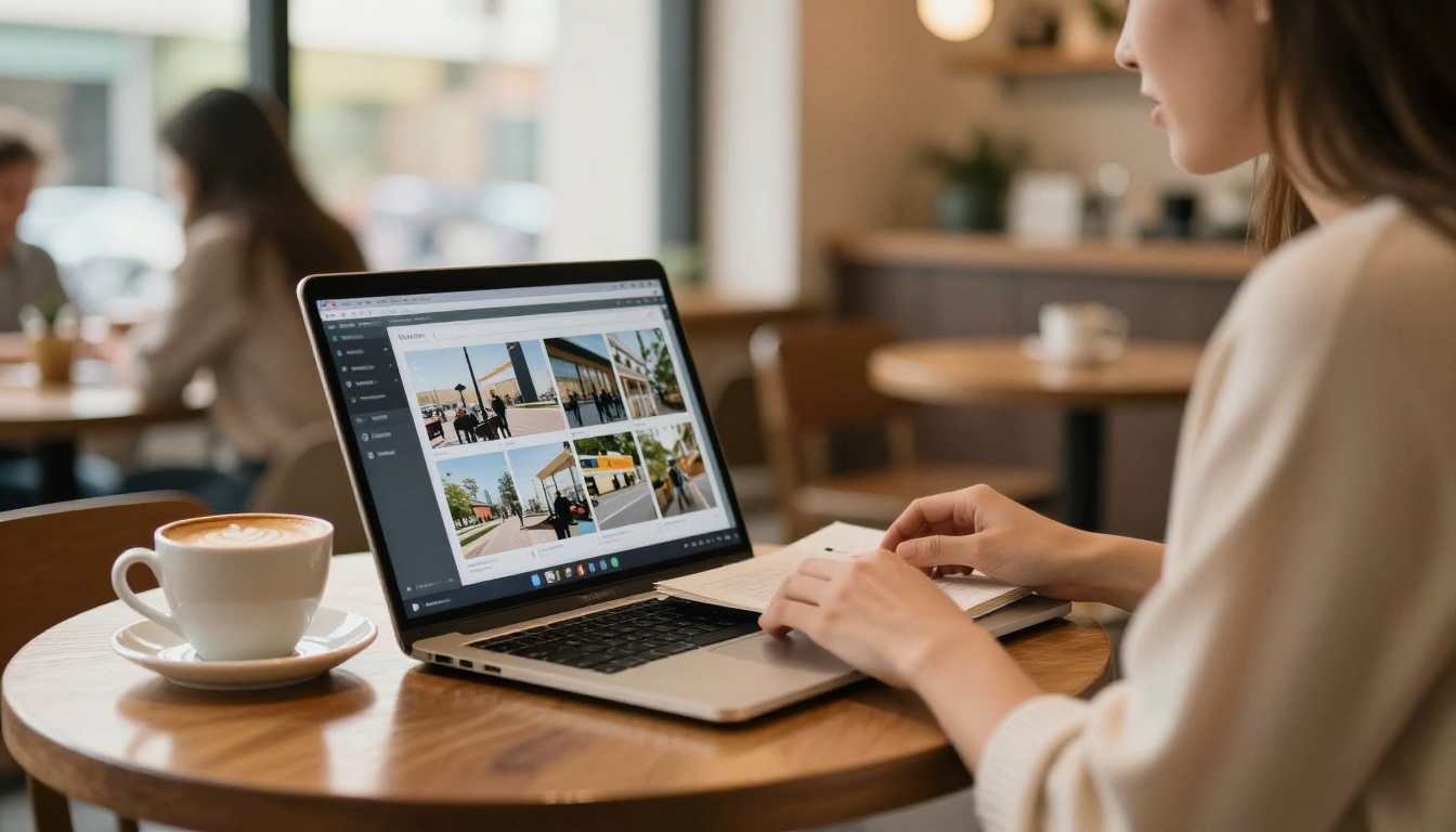 Small business owner working on digital flipbook at café laptop