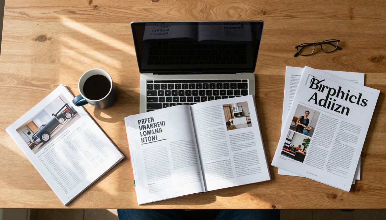 Overhead aerial shot of a desk with a laptop showing a digital flipbook beside a printed magazine