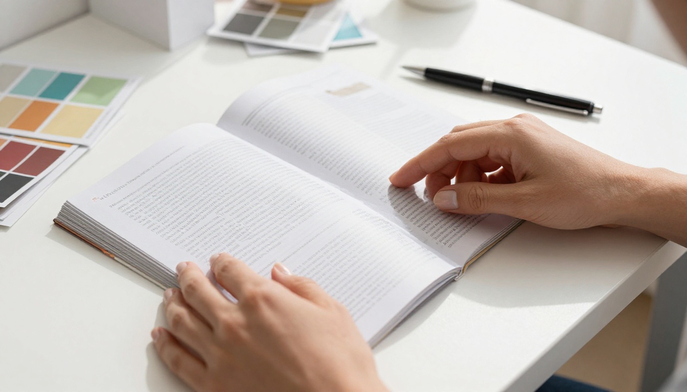 Hands flipping through colorful publication pages on clean white desk